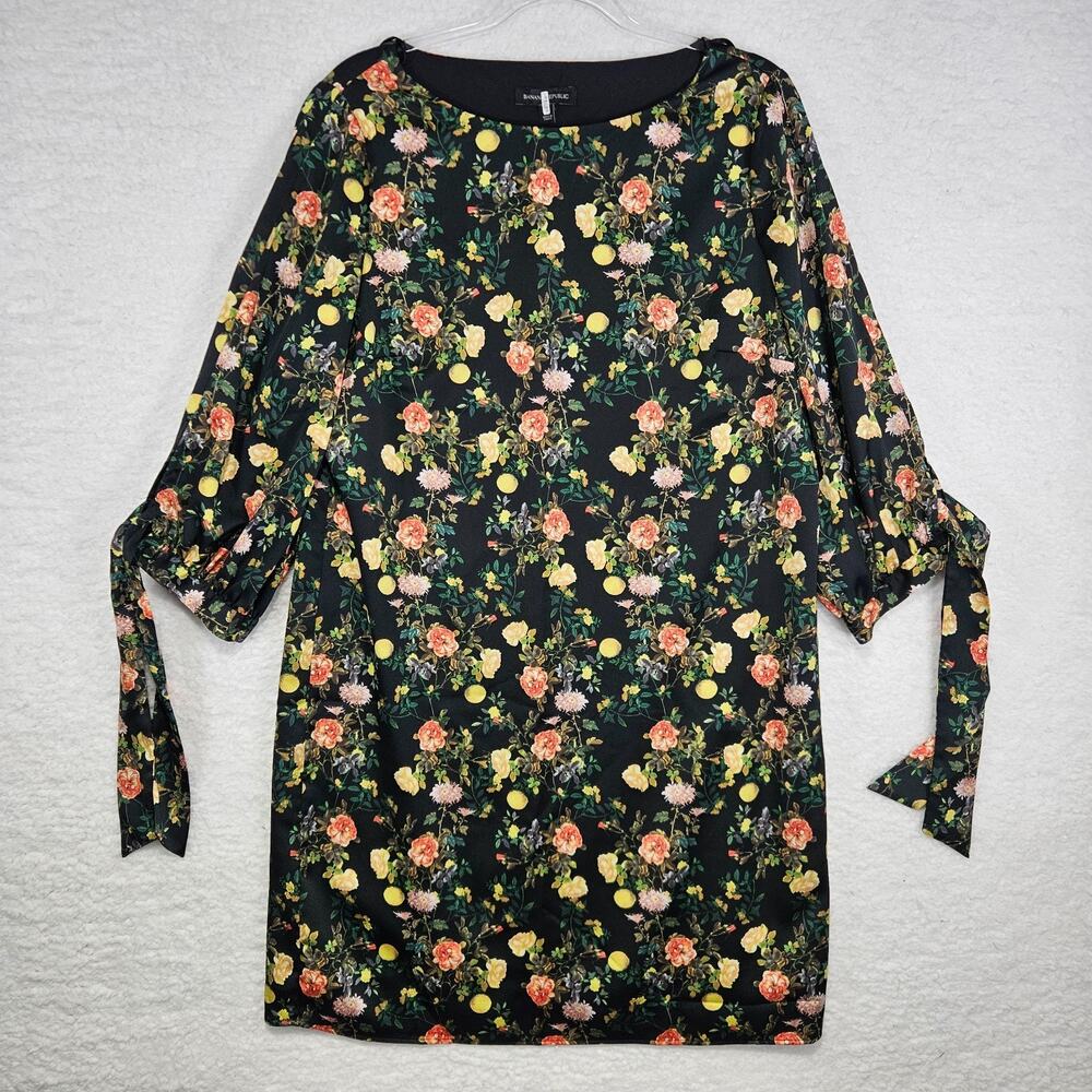 Banana Republic Black Floral Midi Shift Dress 3/4 Tie Sleeve Size 12 Cottagecore